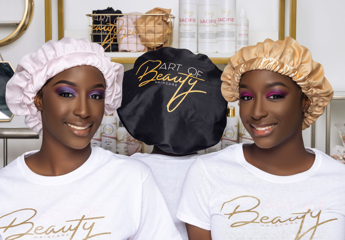 Sleep in peace knowing that your bonnet will not come off at night! Keep moisture in your hair while you sleep. Keeps your hair from drying out! Made with 100% silk. www.artofbeautyproducts.com